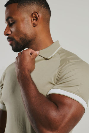 Mercerised Cotton Tipped Zip Neck Polo Shirt in Stone and White