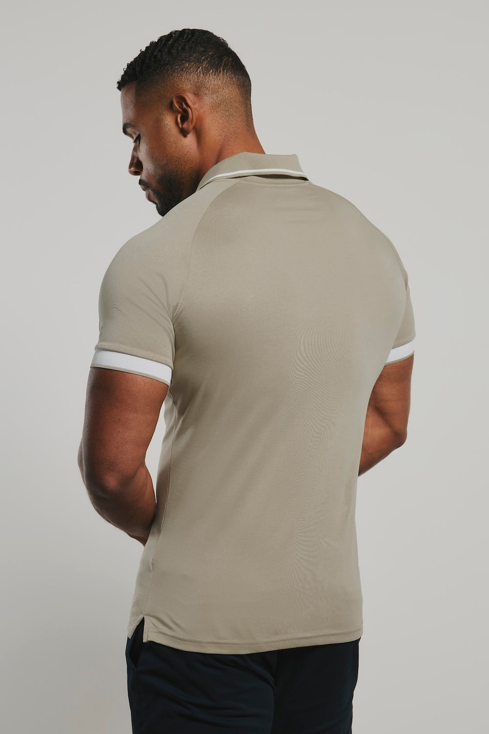 Mercerised Cotton Tipped Zip Neck Polo Shirt in Stone and White