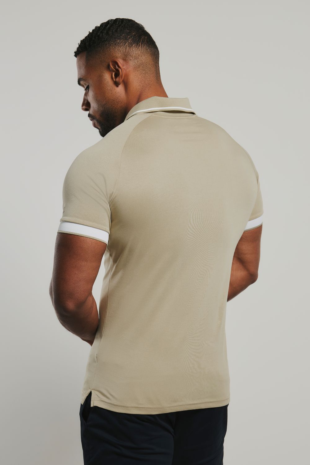 Mercerised Cotton Tipped Zip Neck Polo Shirt in Stone and White