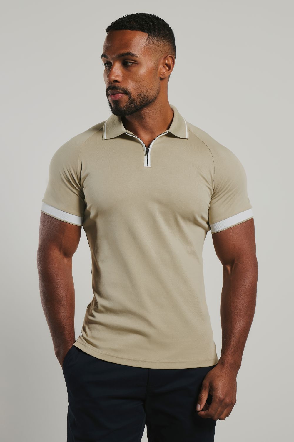 Mercerised Cotton Tipped Zip Neck Polo Shirt in Stone and White