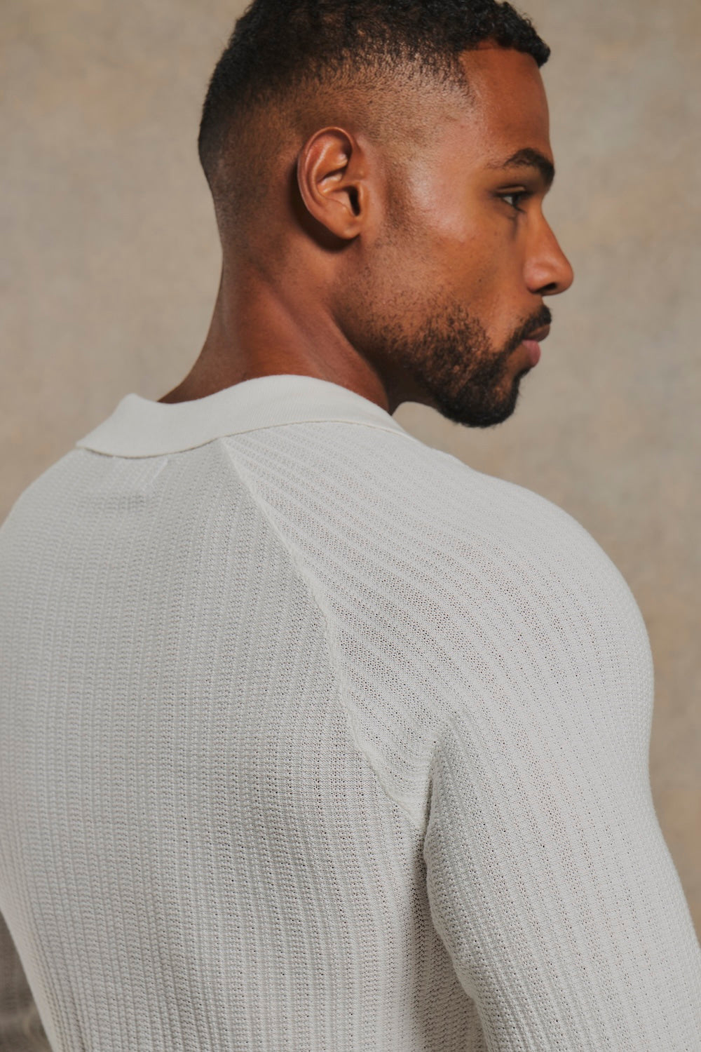 Textured Knitted V Neck Open Collar Polo Shirt in White