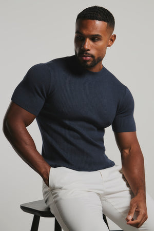 Soft Knitted Ribbed T-Shirt in Ink Blue