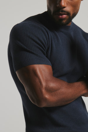 Soft Knitted Ribbed T-Shirt in Ink Blue