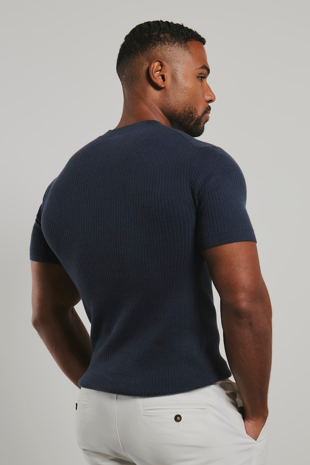 Soft Knitted Ribbed T-Shirt in Ink Blue