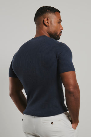 Soft Knitted Ribbed T-Shirt in Ink Blue