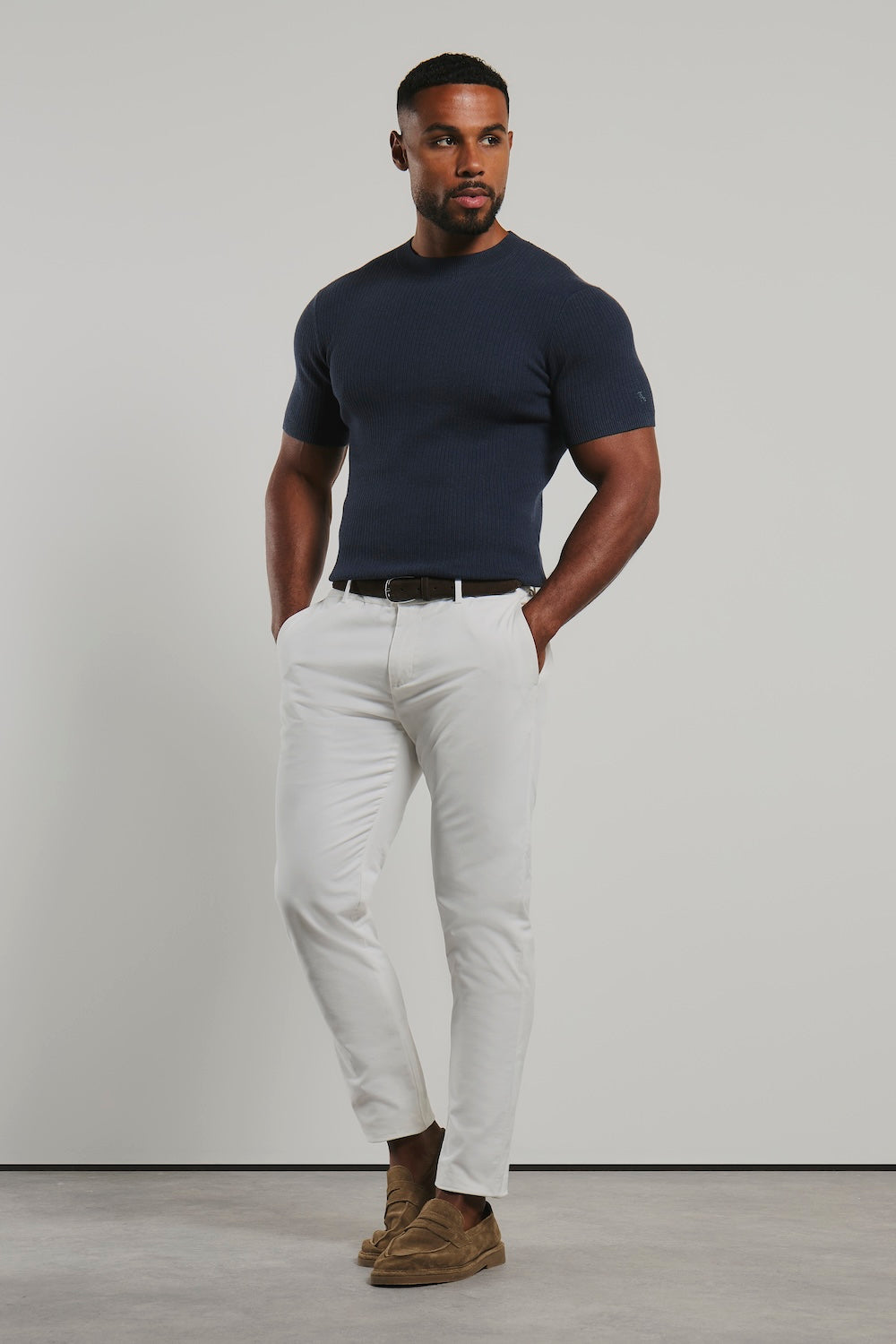 Soft Knitted Ribbed T-Shirt in Ink Blue