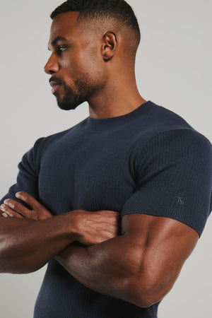 Soft Knitted Ribbed T-Shirt in Ink Blue