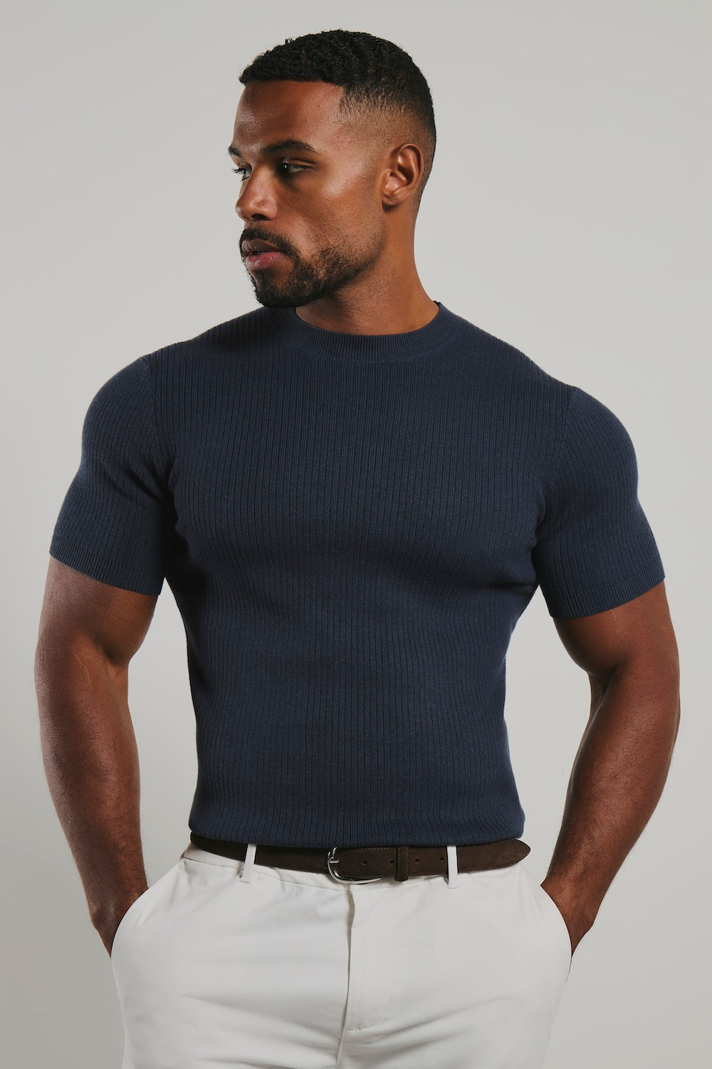 Soft Knitted Ribbed T-Shirt in Ink Blue