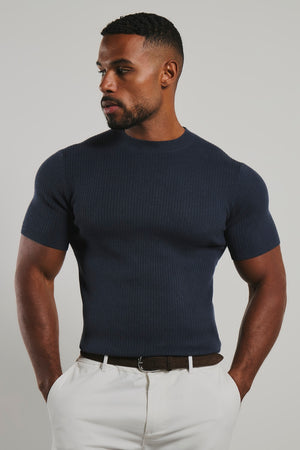 Soft Knitted Ribbed T-Shirt in Ink Blue
