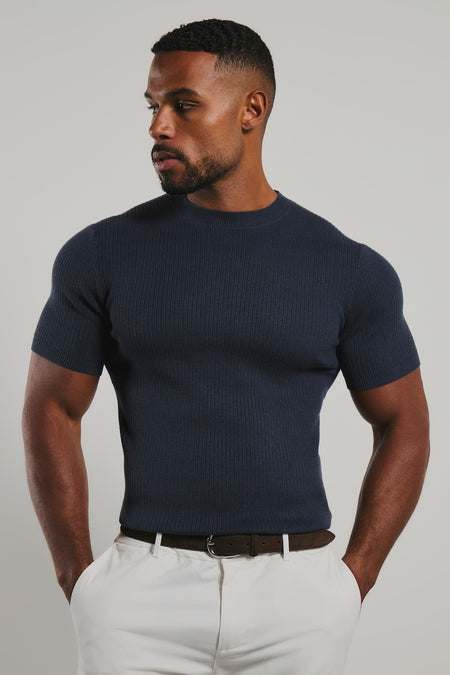 Soft Knitted Ribbed T-Shirt in Ink Blue