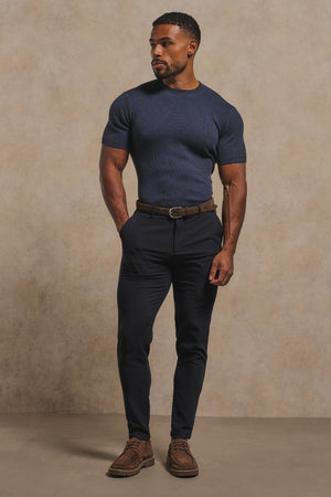 Soft Knitted Ribbed T-Shirt in Ink Blue