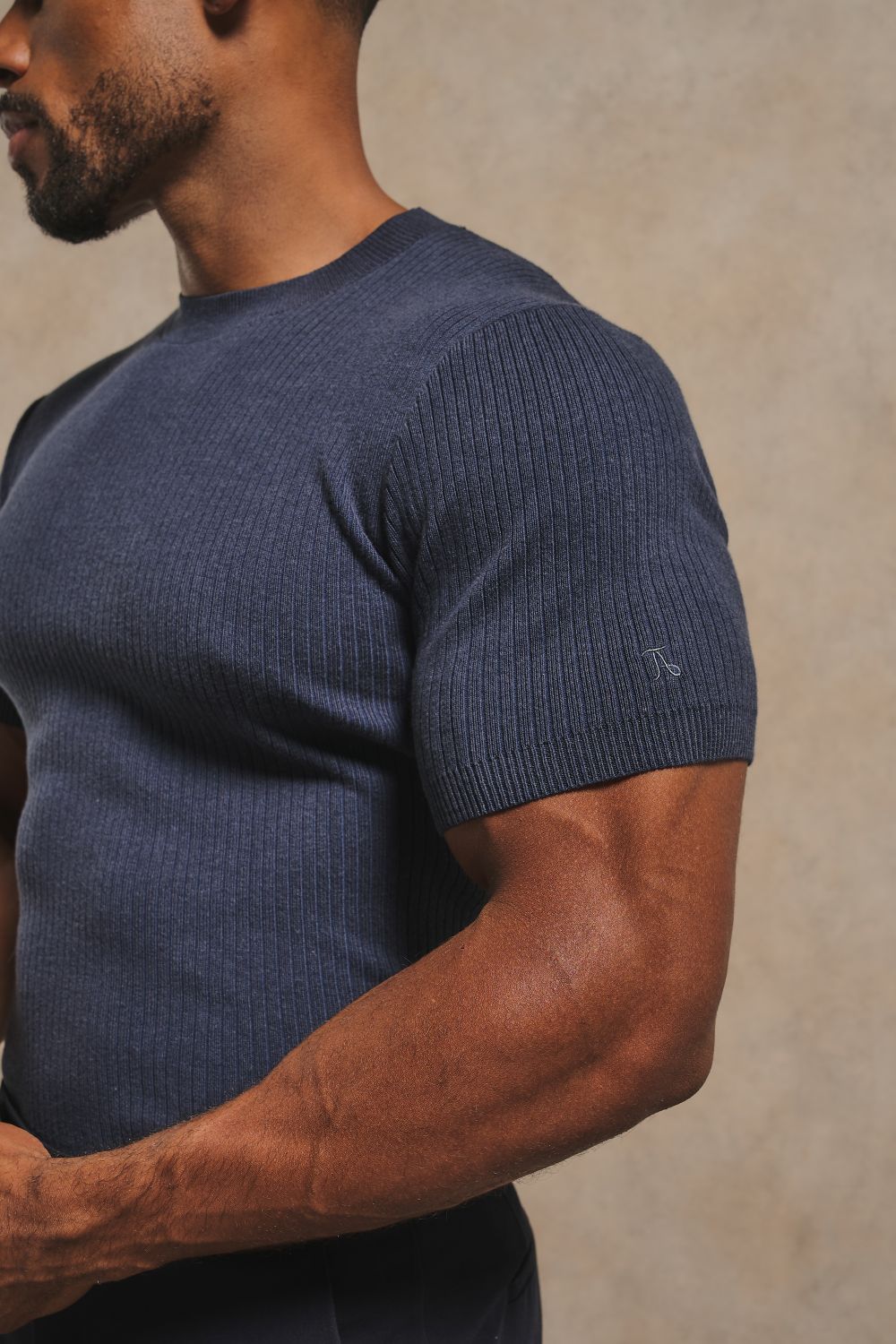 Soft Knitted Ribbed T-Shirt in Ink Blue