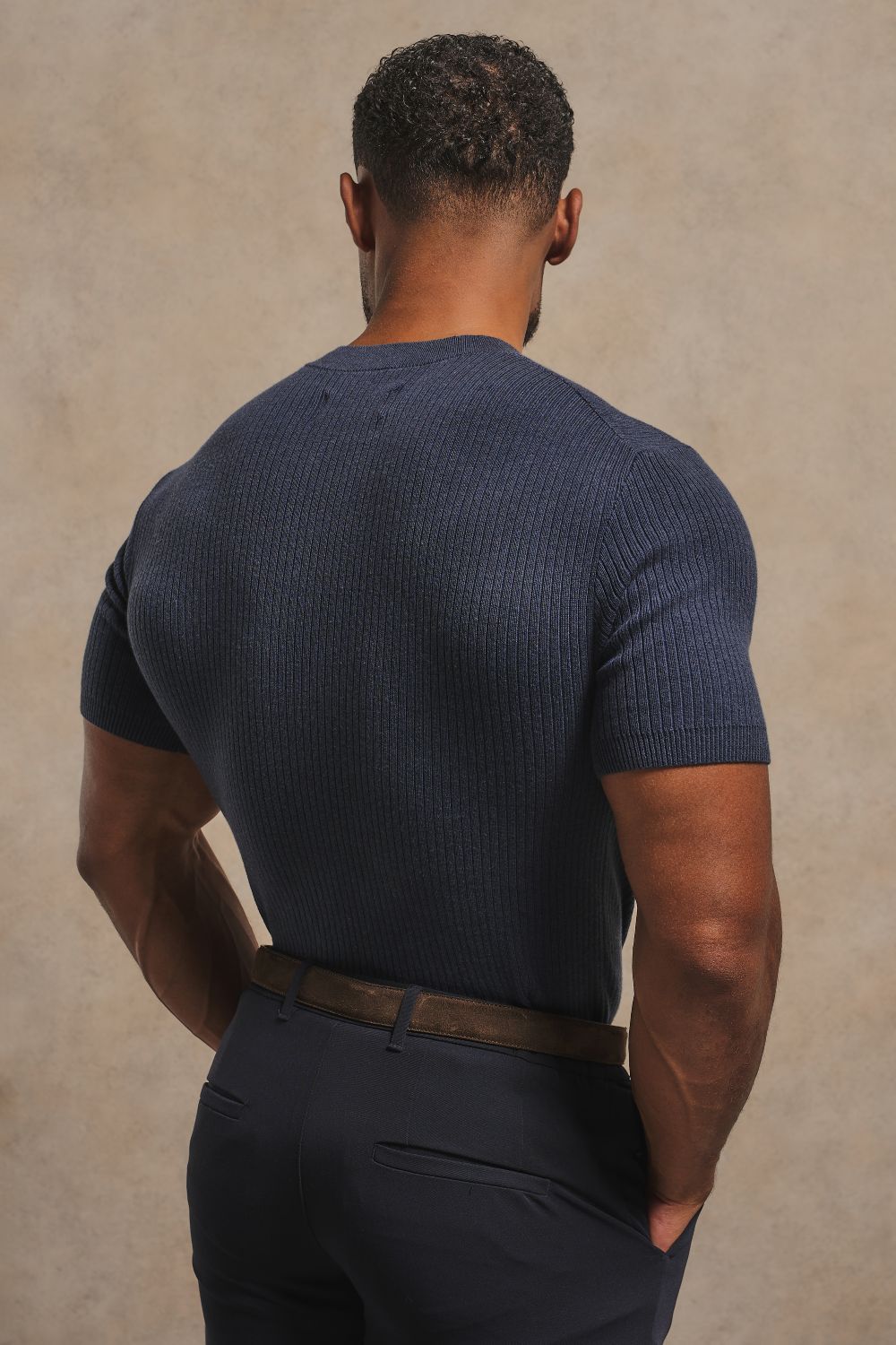 Soft Knitted Ribbed T-Shirt in Ink Blue