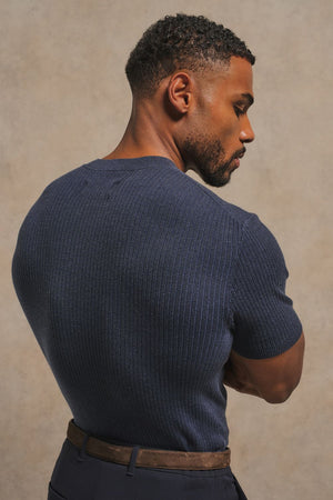 Soft Knitted Ribbed T-Shirt in Ink Blue