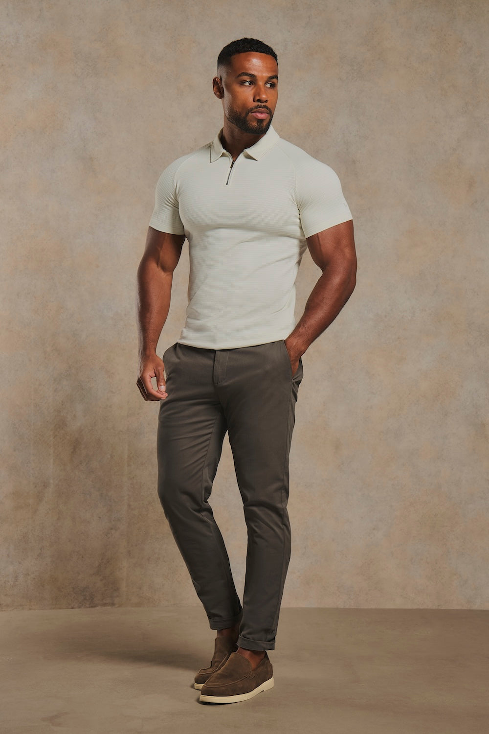 Textured Zip Neck Polo Shirt in Ecru