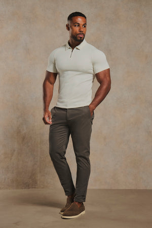 Textured Zip Neck Polo Shirt in Ecru