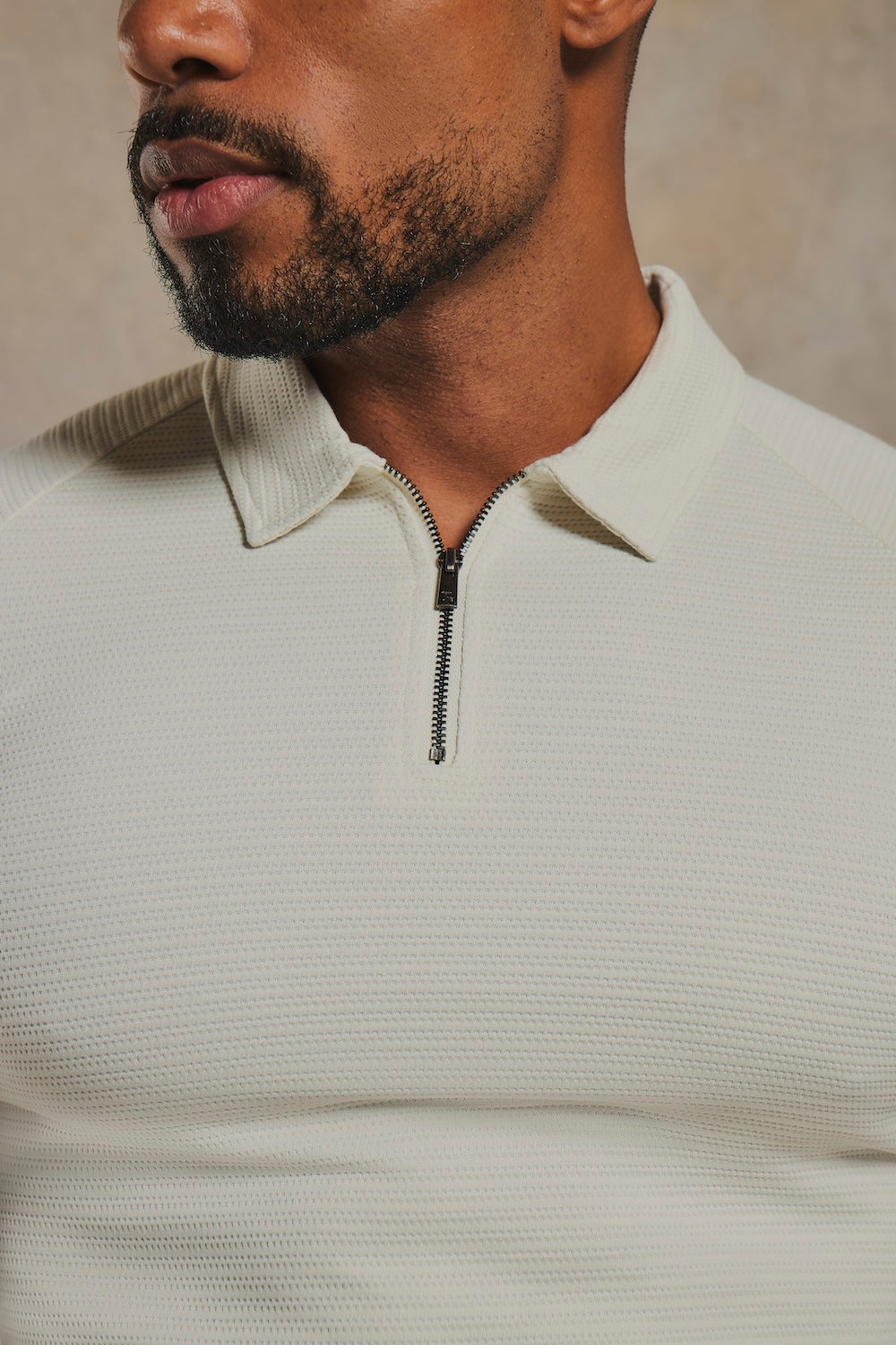 Textured Zip Neck Polo Shirt in Ecru
