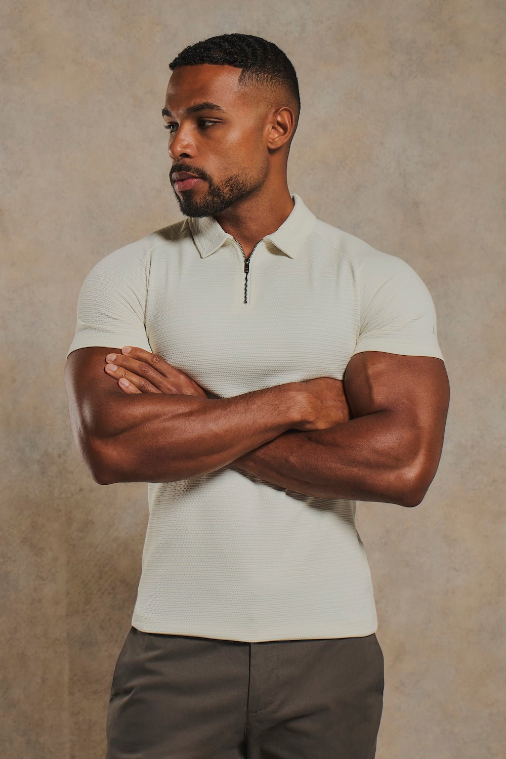 Textured Zip Neck Polo Shirt in Ecru