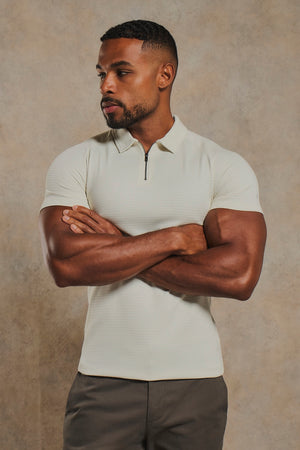 Textured Zip Neck Polo Shirt in Ecru