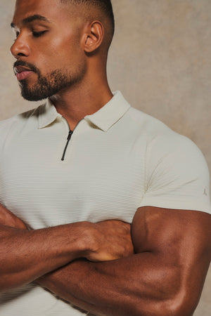 Textured Zip Neck Polo Shirt in Ecru