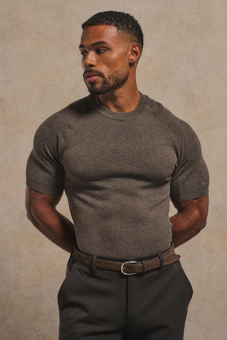Textured Knitted T-Shirt in Chocolate
