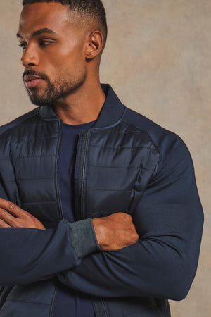 Hybrid Quilt and Jersey Zip Through Jacket in Navy
