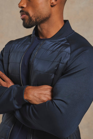 Hybrid Quilt and Jersey Zip Through Jacket in Navy