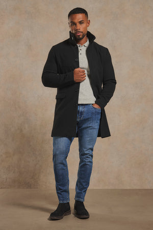 Funnel Neck Overcoat in Black