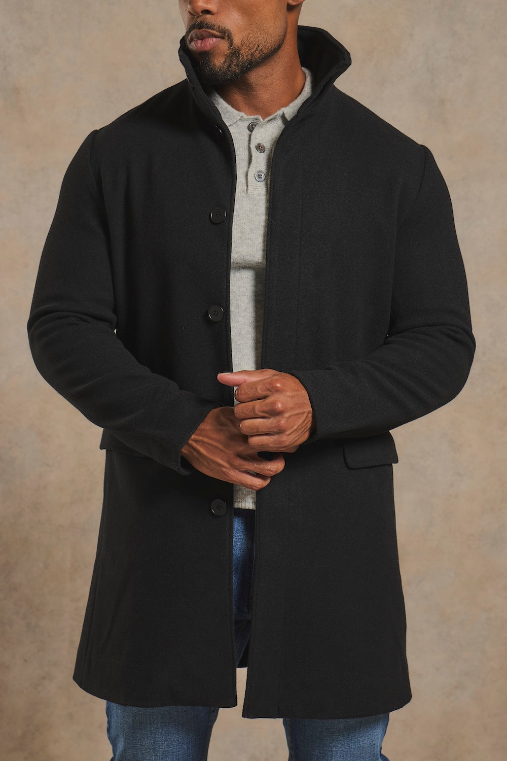 Funnel Neck Overcoat in Black