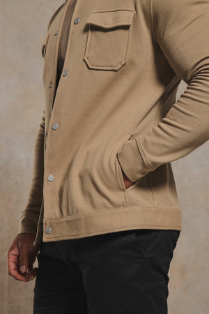 Twill Jersey Zip Through Shacket in Stone