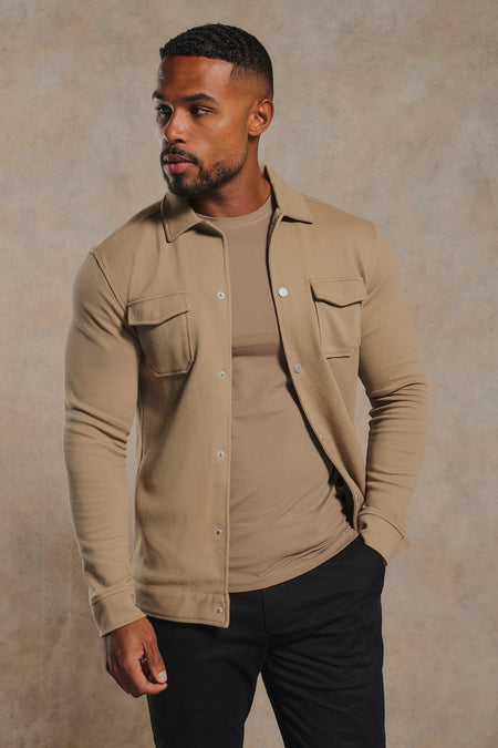 Twill Jersey Zip Through Shacket in Stone