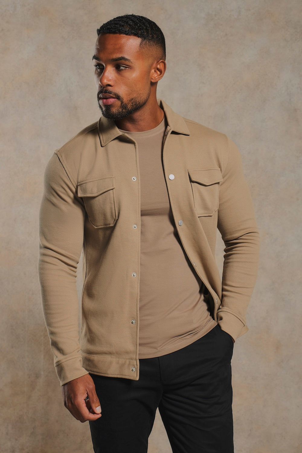 Twill Jersey Zip Through Shacket in Stone