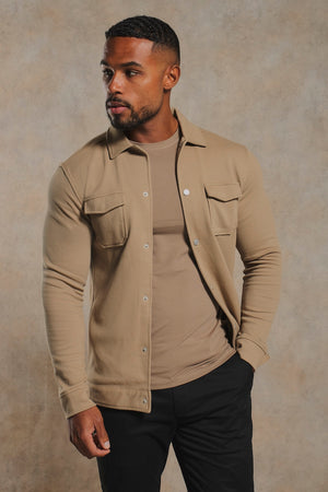 Twill Jersey Zip Through Shacket in Stone