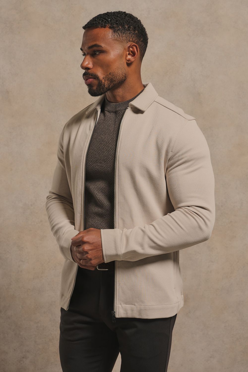 Twill Jersey Zip Through Shacket in Stone