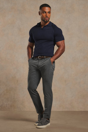 Open Collar Knitted Polo Shirt in Navy