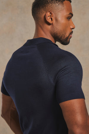 Open Collar Knitted Polo Shirt in Navy