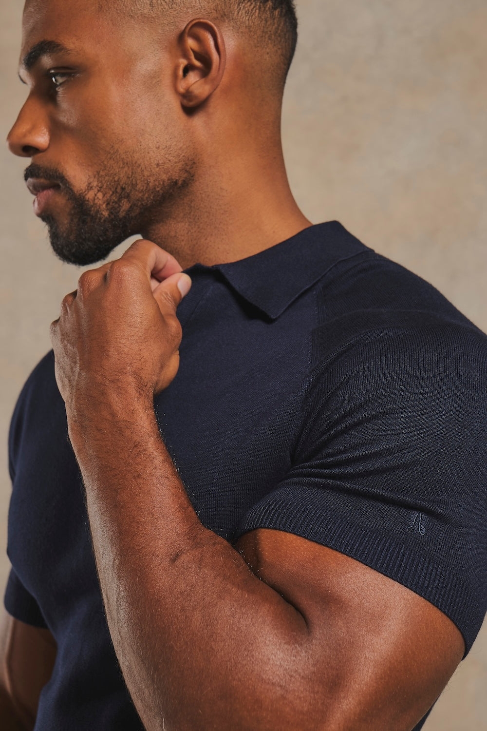 Open Collar Knitted Polo Shirt in Navy