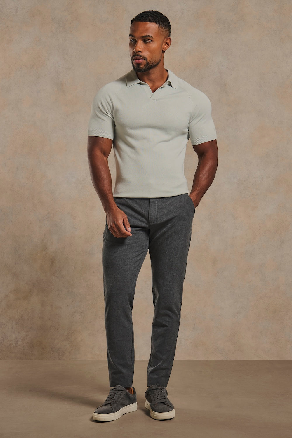 Open Collar Knitted Polo Shirt in Pale Duck Egg