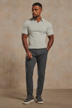Open Collar Knitted Polo Shirt in Pale Duck Egg