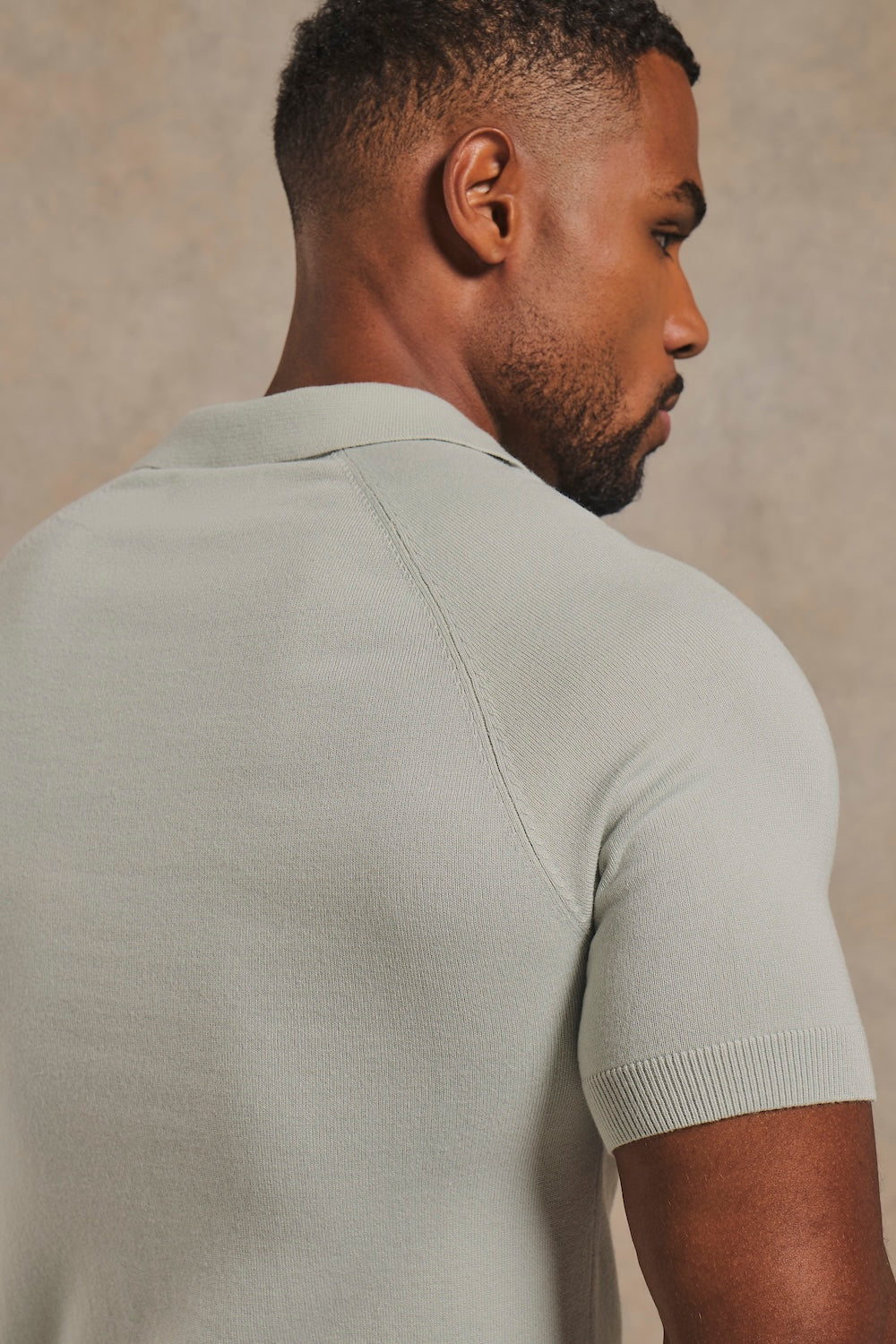 Open Collar Knitted Polo Shirt in Pale Duck Egg