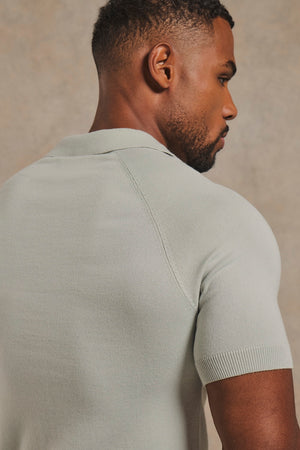 Open Collar Knitted Polo Shirt in Pale Duck Egg