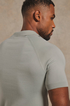 Open Collar Knitted Polo Shirt in Pale Duck Egg