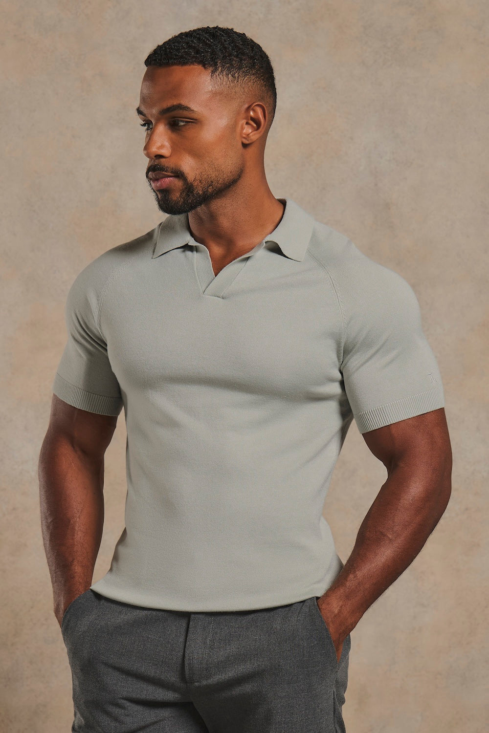 Open Collar Knitted Polo Shirt in Pale Duck Egg