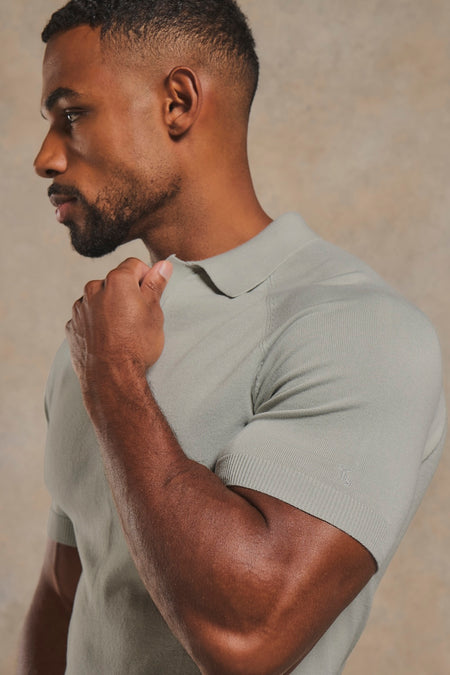 Open Collar Knitted Polo Shirt in Pale Duck Egg