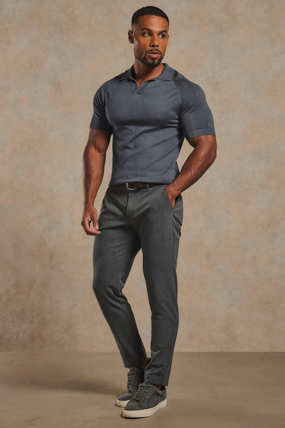 Open Collar Knitted Polo Shirt in Slate Blue