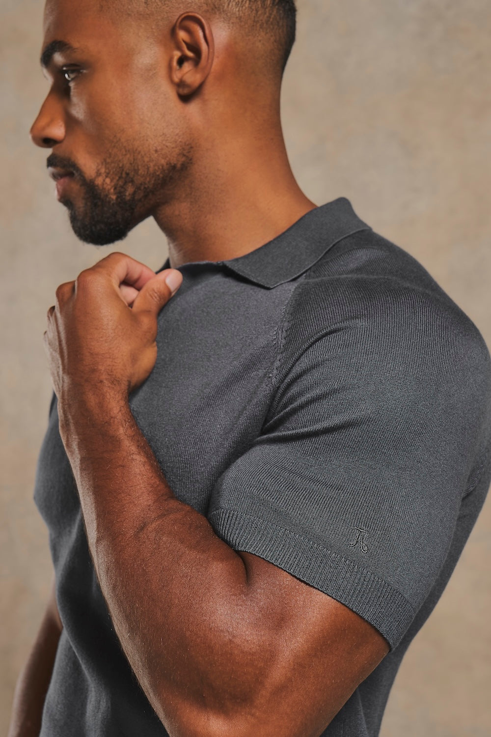 Open Collar Knitted Polo Shirt in Slate Blue