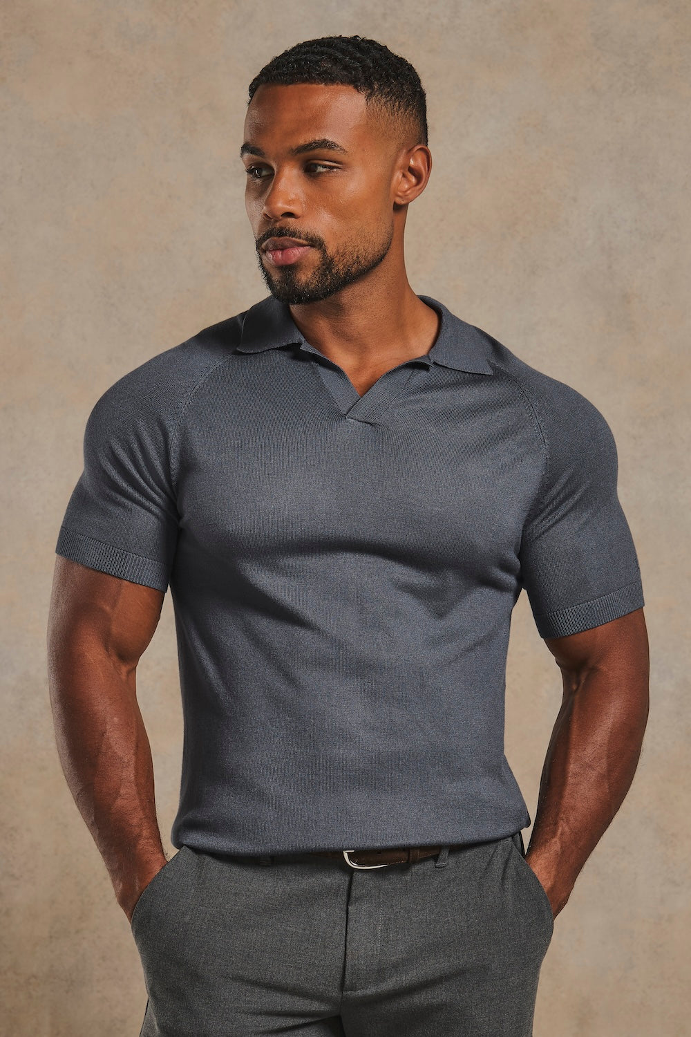 Open Collar Knitted Polo Shirt in Slate Blue