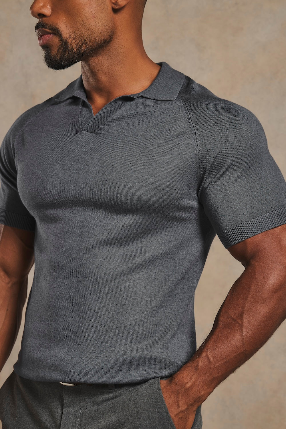 Open Collar Knitted Polo Shirt in Slate Blue