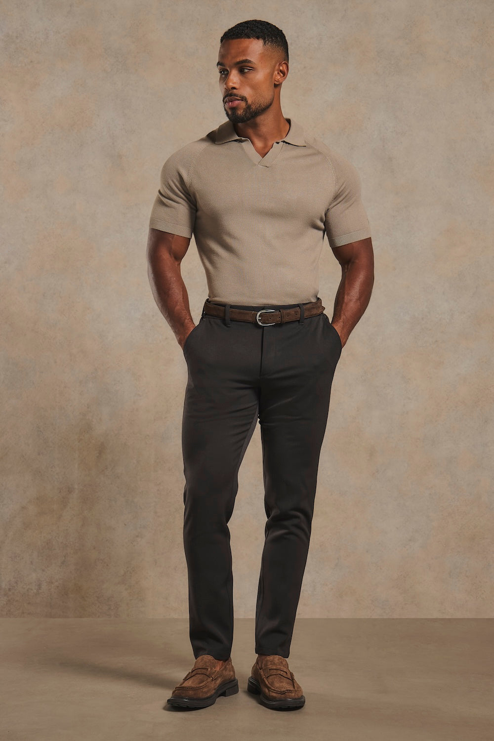 Open Collar Knitted Polo Shirt in Mink