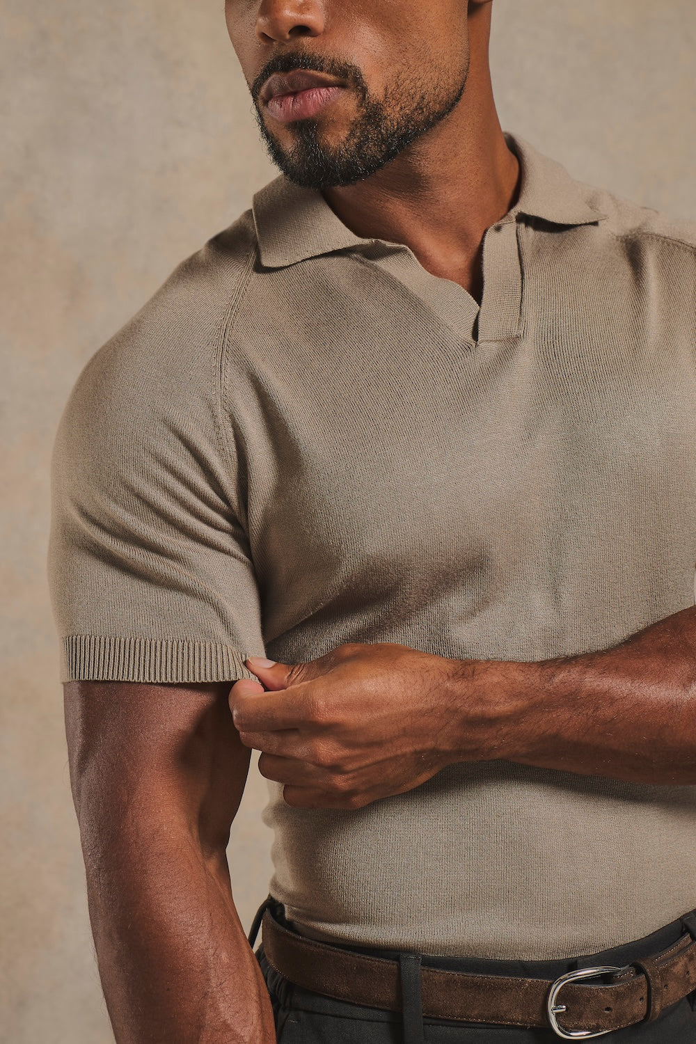 Open Collar Knitted Polo Shirt in Mink